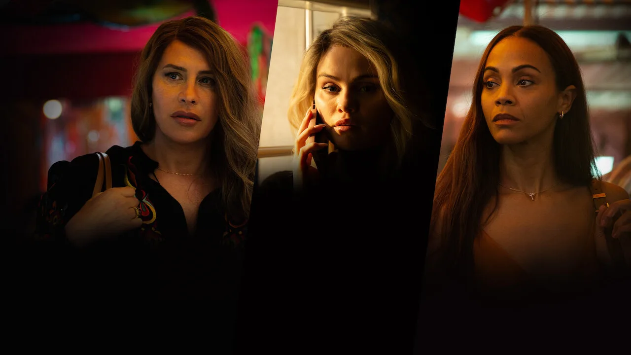 Emilia Pérez (2024) lead actresses - Karla Sofía Gascón, Selena Gomez, and Zoe Saldaña in a dramatic triptych composition from the Oscar-nominated musical