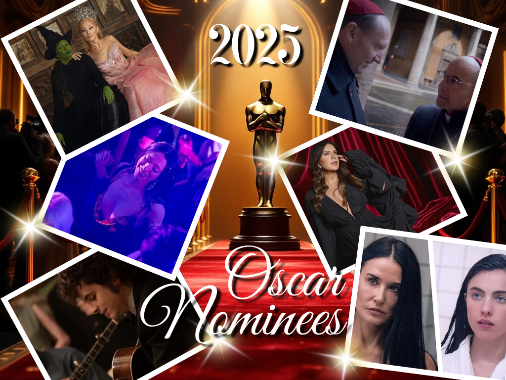 Collage of 2025 Oscar-nominated films featuring scenes from Wicked, Conclave, Anora, A Complete Unknown, and Emilia Perez surrounding a golden Oscar statuette