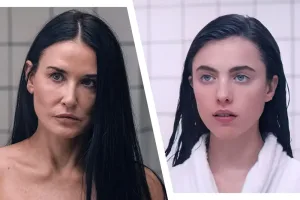 Scene from The Substance featuring the iconic raw egg sequence