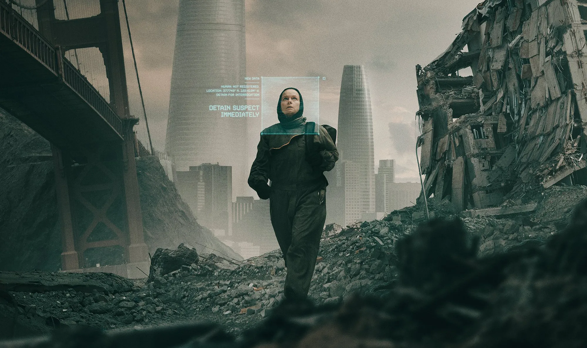 Dystopian movie poster for 2073 showing a figure in a hooded jacket standing amid destroyed buildings and skyscrapers, with neon yellow text reading "THIS IS A WARNING" and a holographic interface displaying "DETAIN SUSPECT IMMEDIATELY"