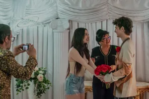 Ani and Vanya happily getting married at Las Vegas, holding hands and smiling