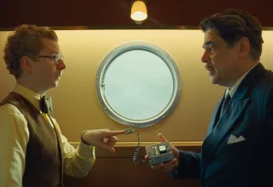 benicio del toro kai Michael Cera se skini tis tainias The Phoenician Scheme pou sizitoun metaksi tous.